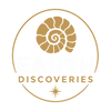 A circular gold logo featuring a spiral ammonite shell icon above the words 'EARTH DISCOVERIES' in gold, with a small gold starburst below, all on a white background.